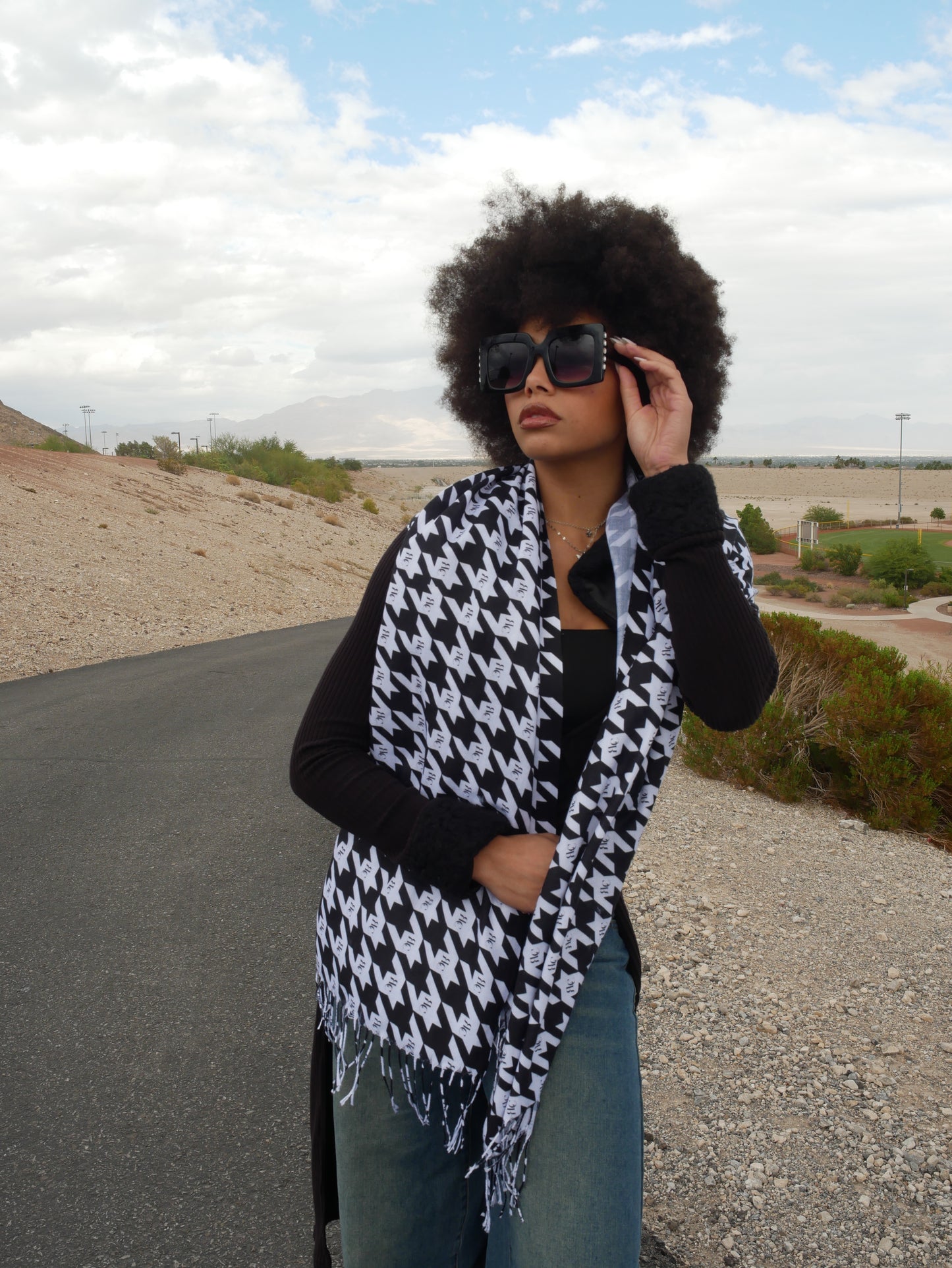 RLC Houndstooth Print Warm Fringed Scarf