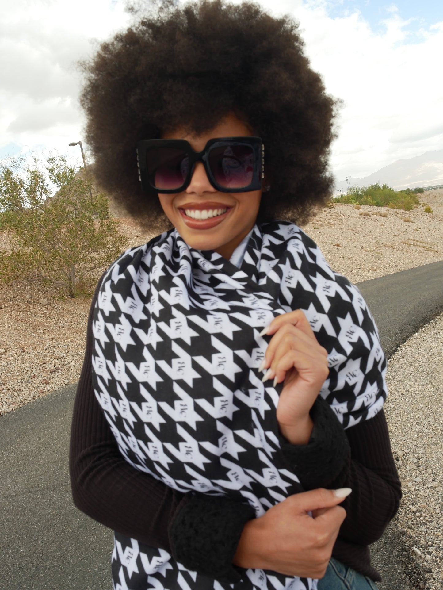 RLC Houndstooth Print Warm Fringed Scarf