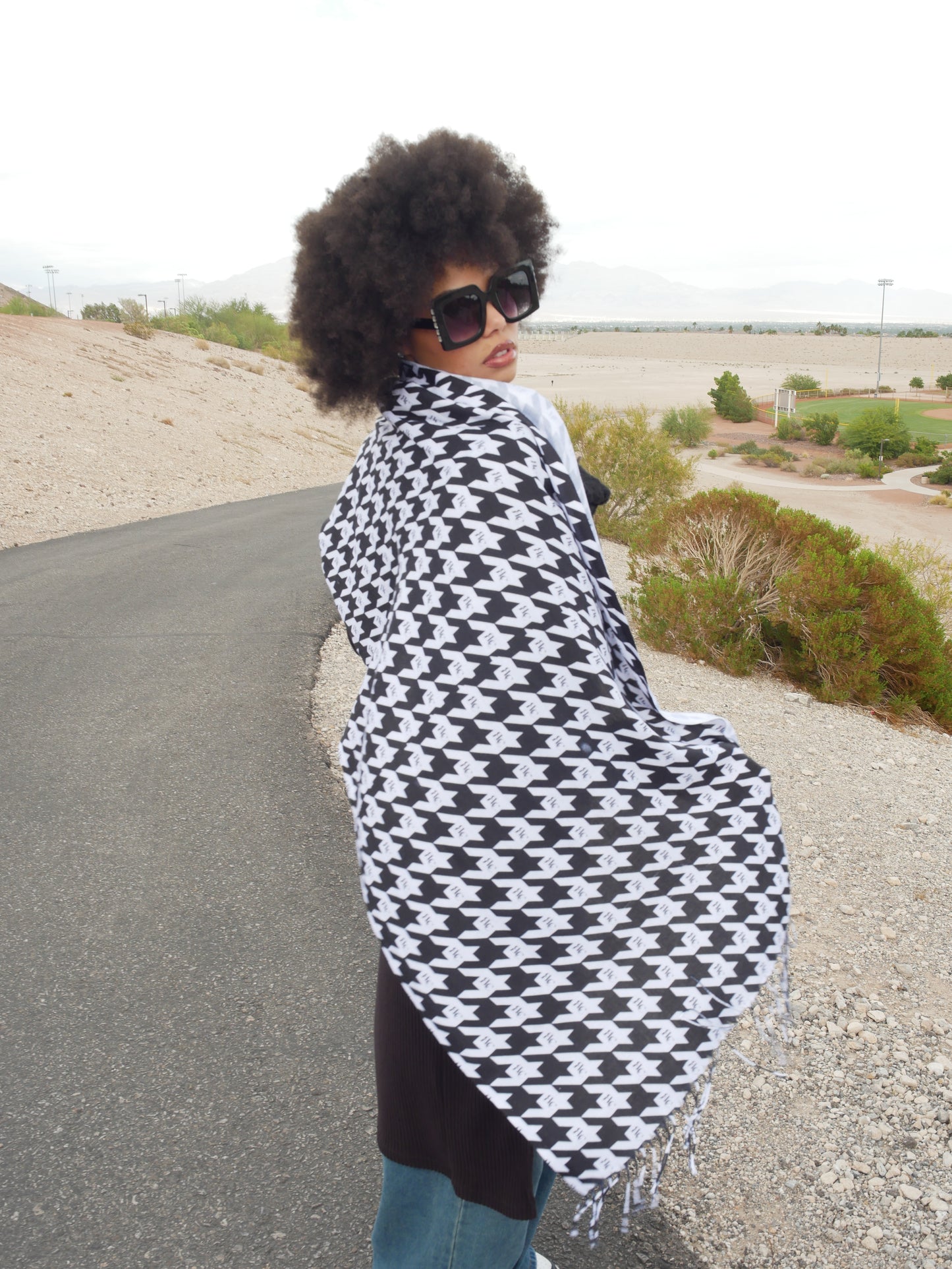 RLC Houndstooth Print Warm Fringed Scarf