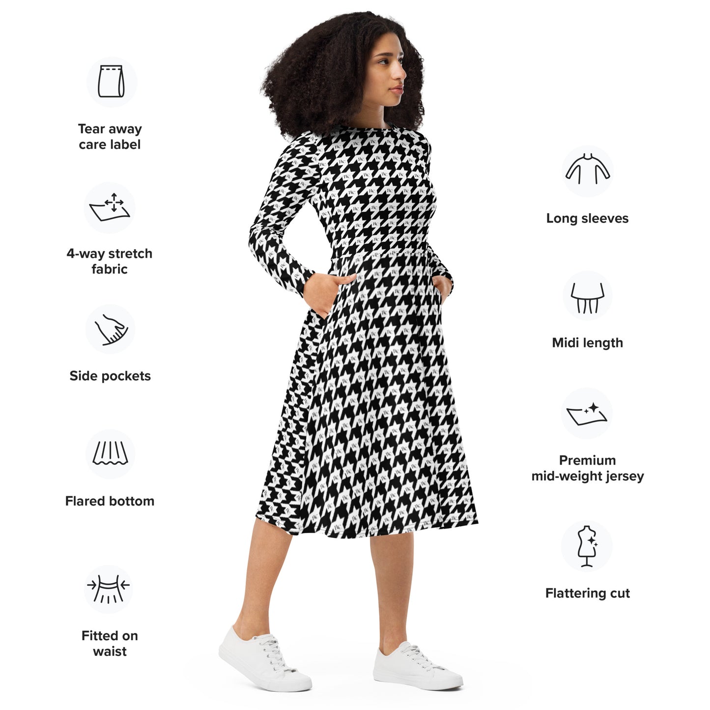 Flowy Flair RLC Logo Houndstooth Print Midi Dress - Respectez Le Code