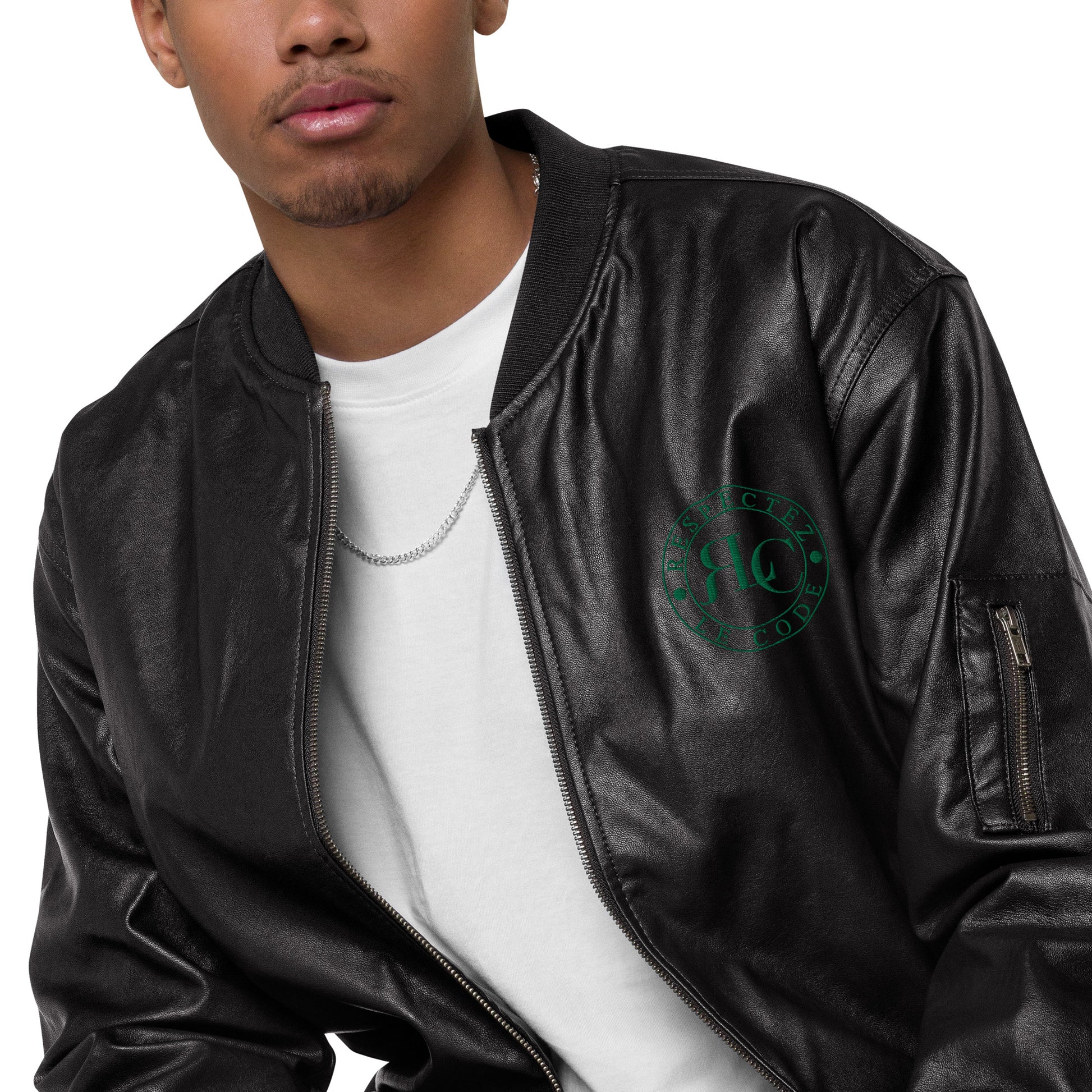 Classic Leather Bomber Jacket with RLC Logo Embroidery - Respectez Le Code