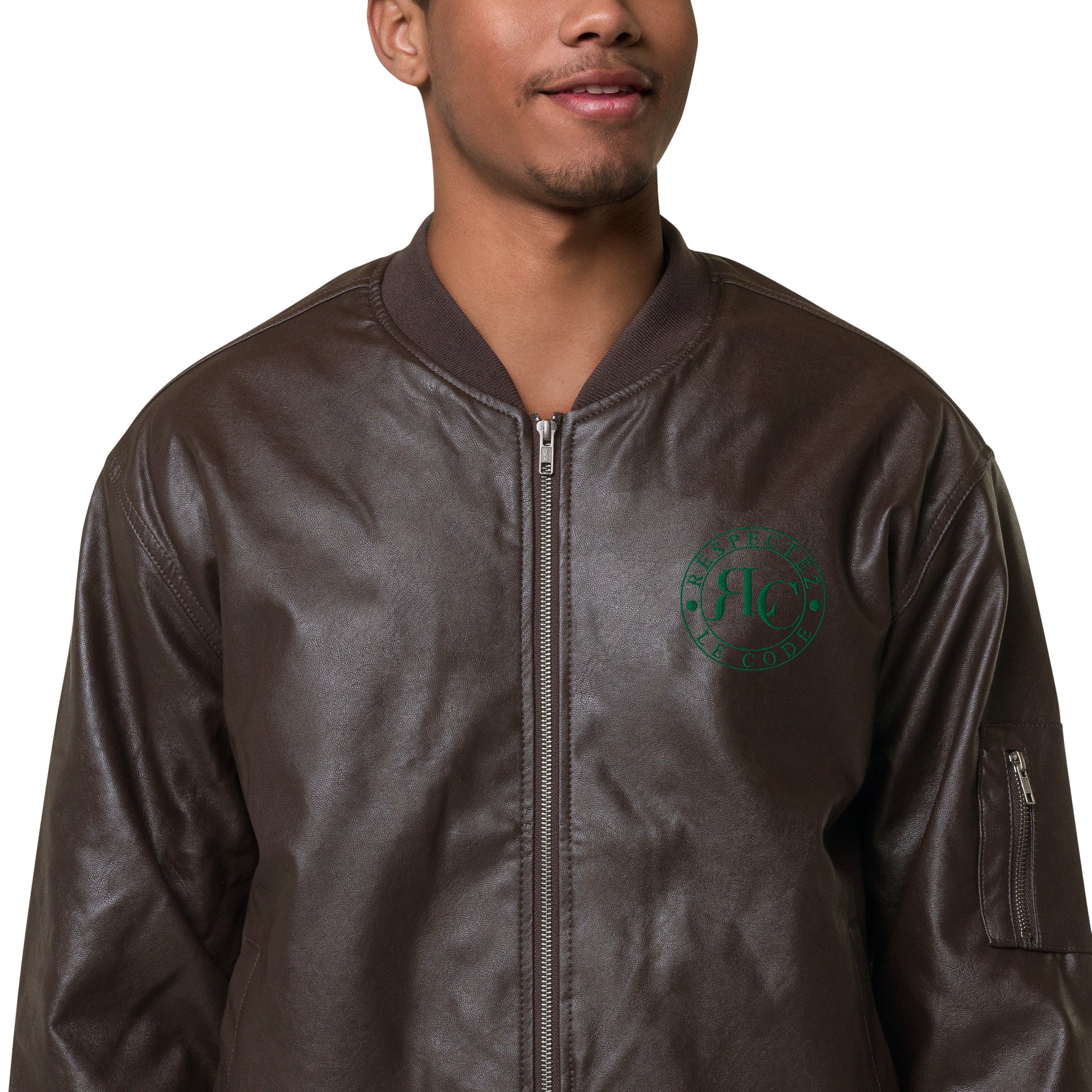 Classic Leather Bomber Jacket with RLC Logo Embroidery - Respectez Le Code