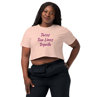 Tropical Trio Women’s Crop Top: Tacos Tan Lines Tequila - Respectez Le Code